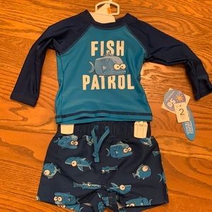 Got twins? 3/6 months Fish Patrol swim trunks rash guard bathing suit baby boy